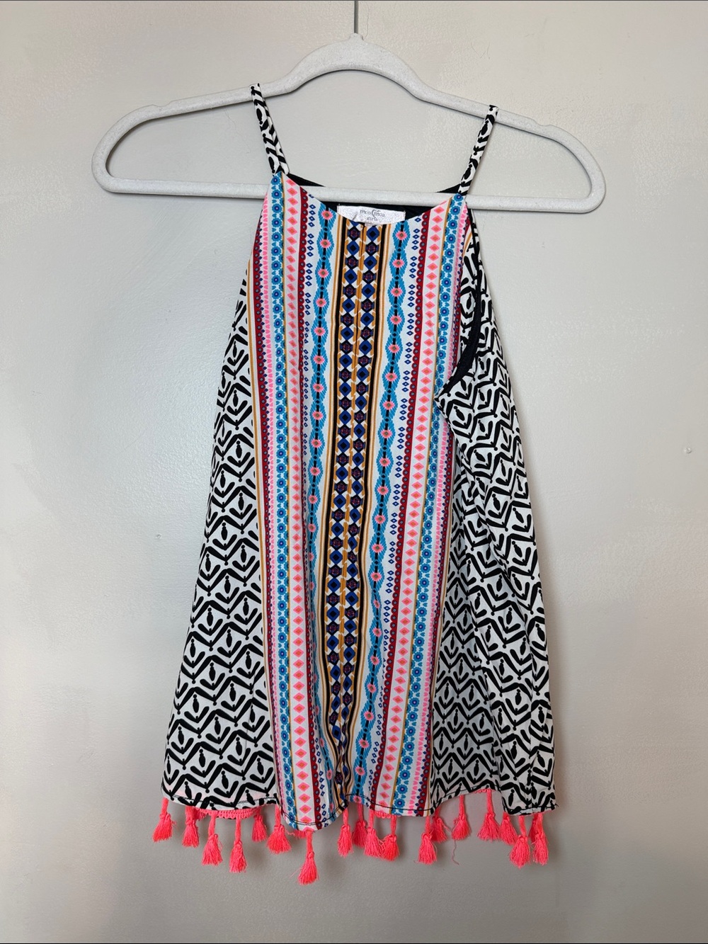 Moa Moa Black White Multicolor Striped Tassel Tank Top